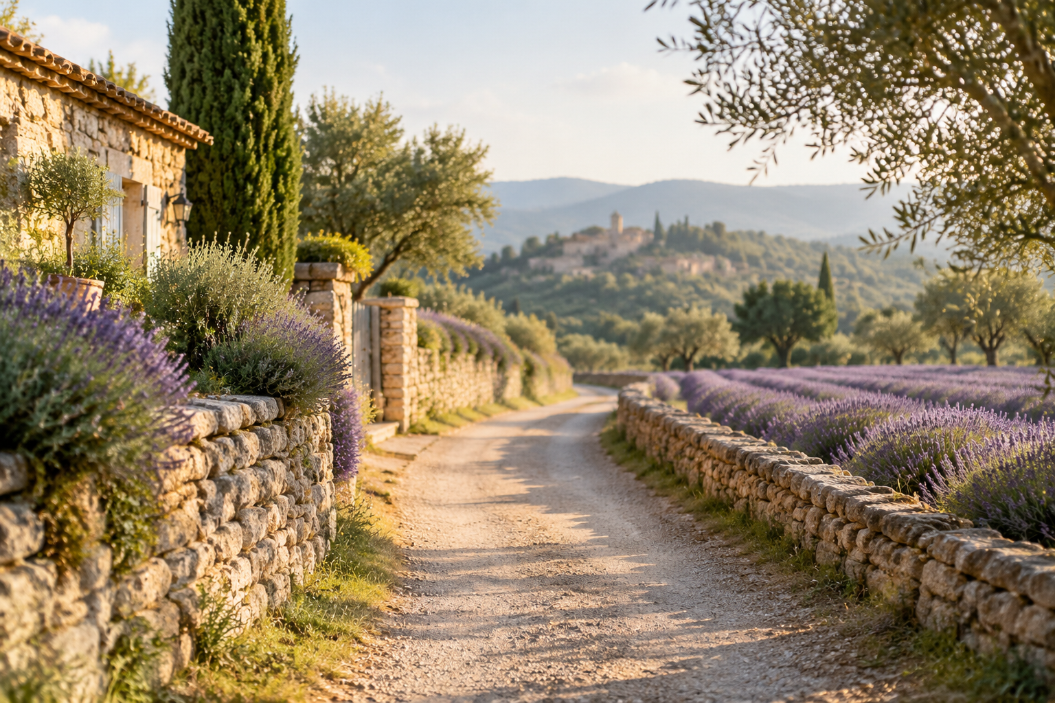 French country lane with lavender rows in morning light