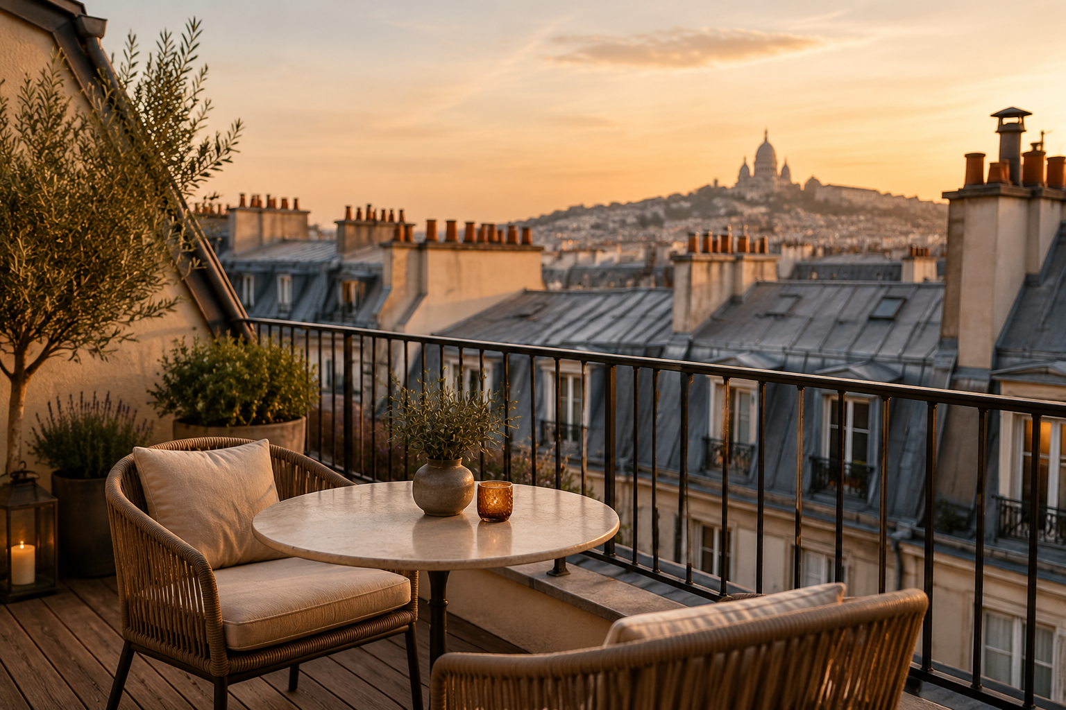 Parisian rooftop terrace view at golden hour