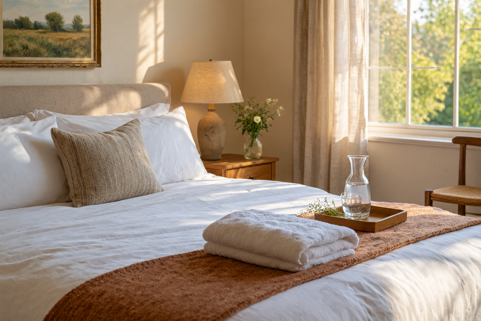 Guest room made up between stays with white linen