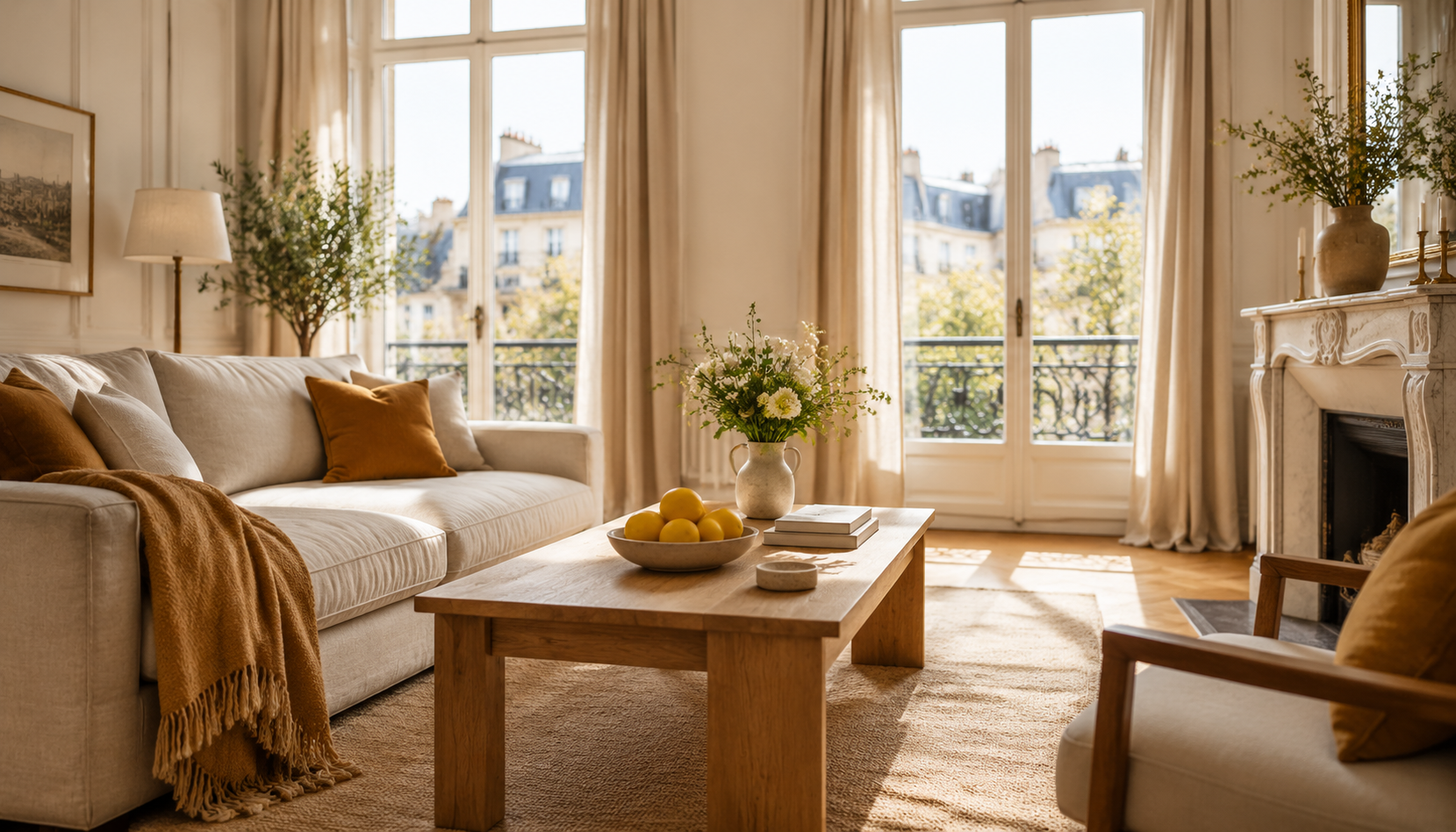 Furnished Parisian apartment living room prepared for arriving guests