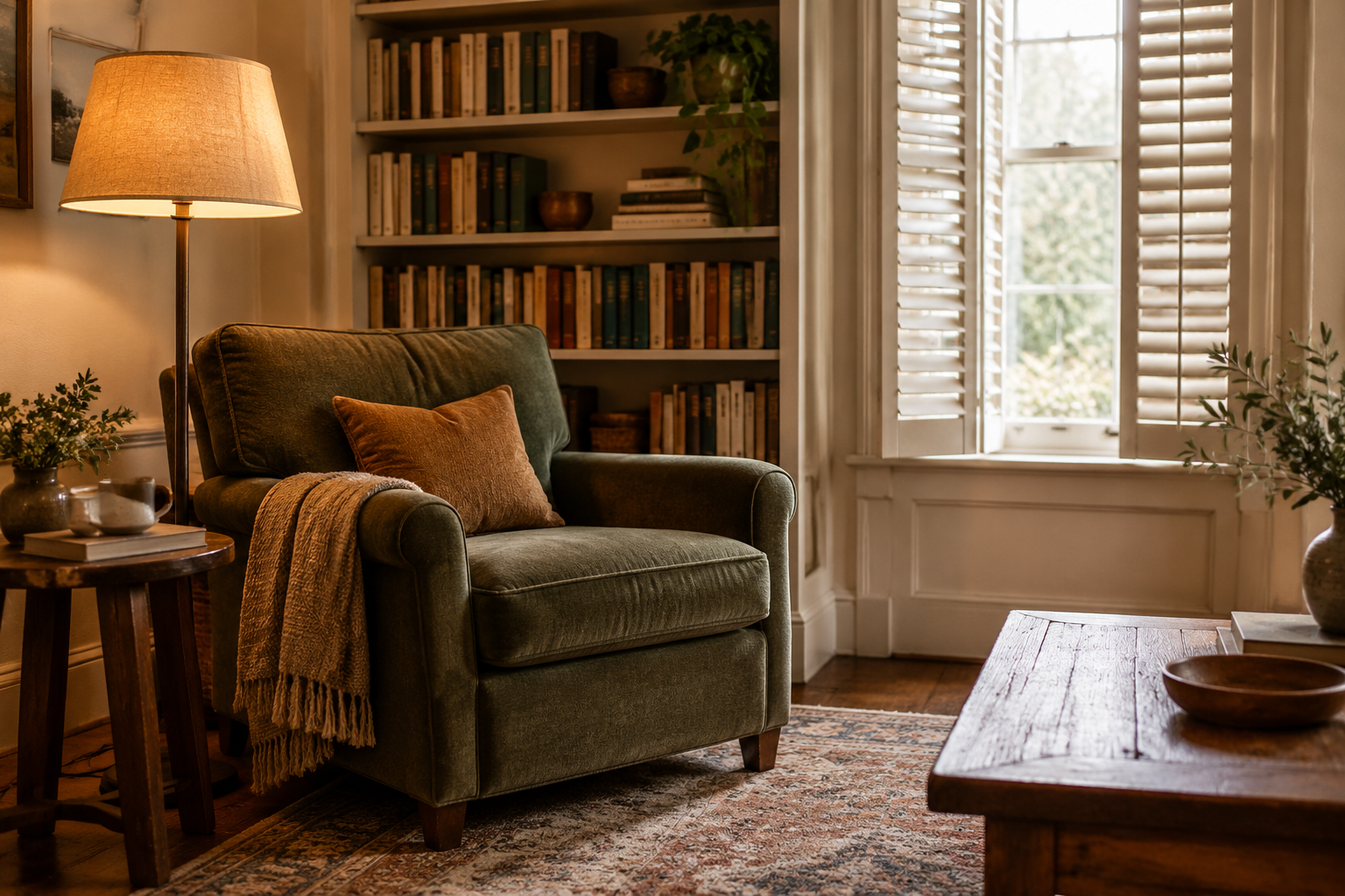 Guest house sitting room with armchair and bookshelf