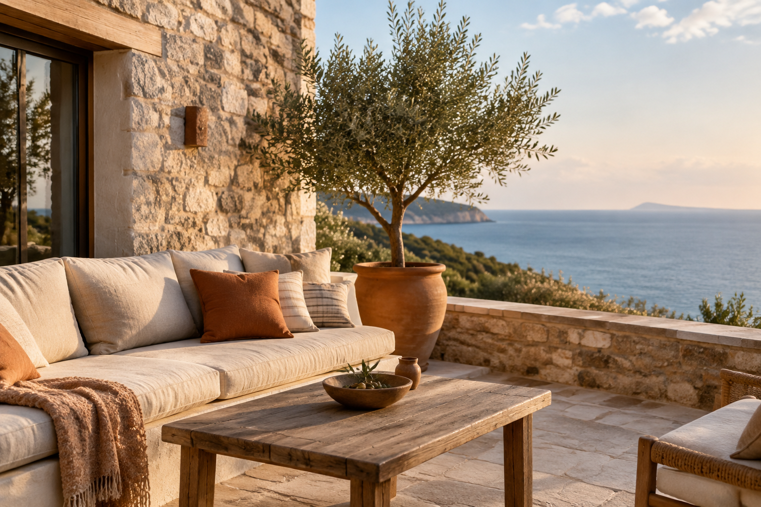 Coastal holiday home terrace with stone walls and sea view