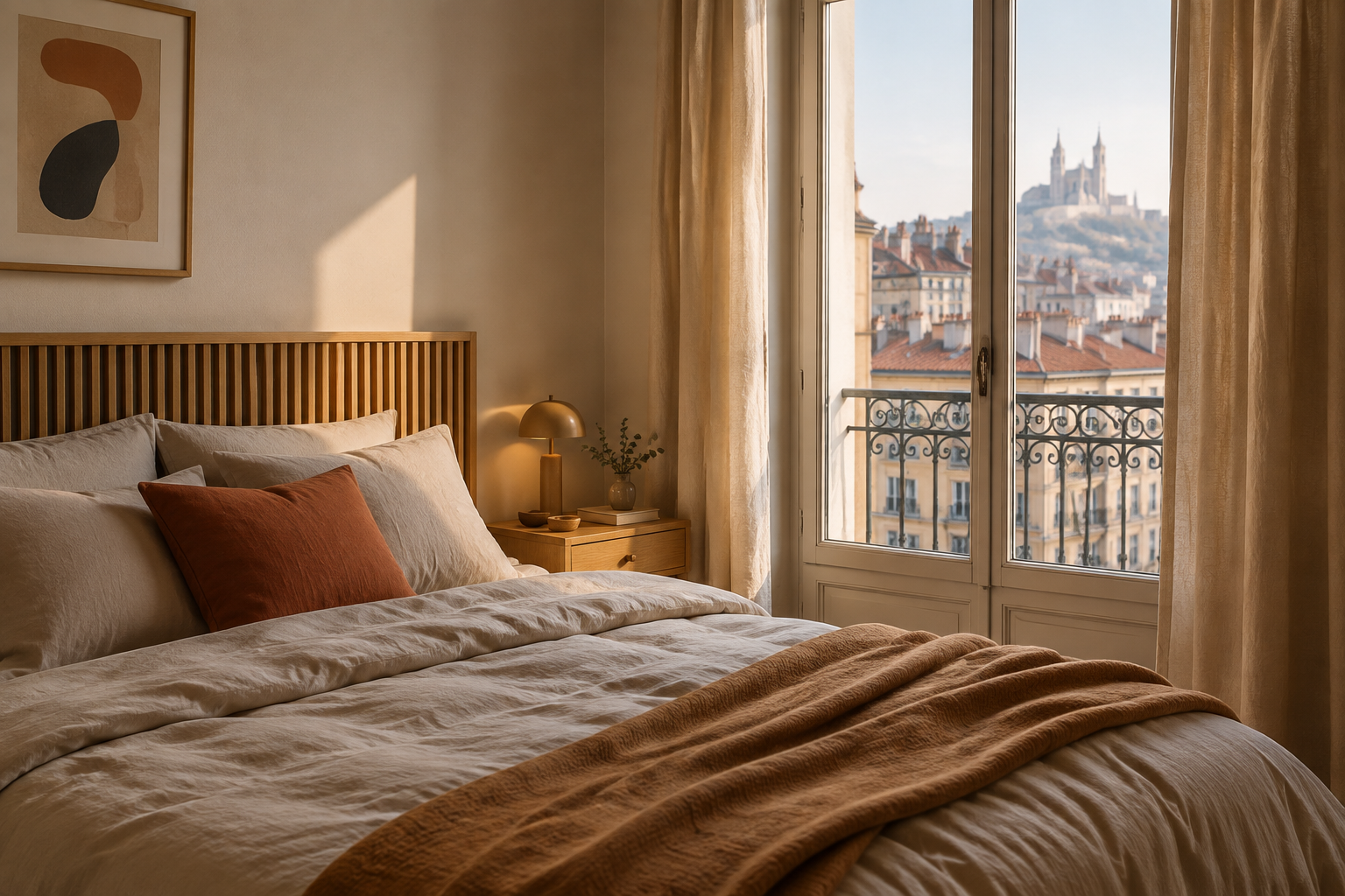 City apartment bedroom with tall window