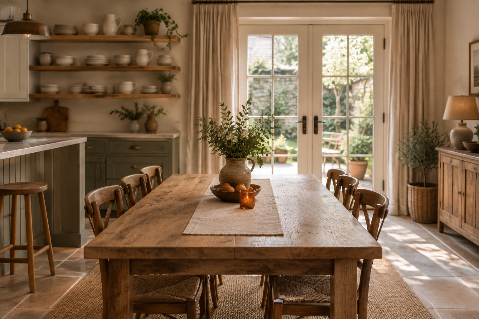 Family holiday home dining space with long oak table